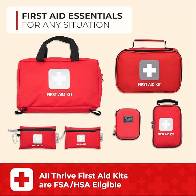 Thrive Travel Essentials Small First Aid Kit - 100 FSA HSA Approved Products Includes Multi-Sized Bandage, Wipes, Safety Pins, and More (Shell)