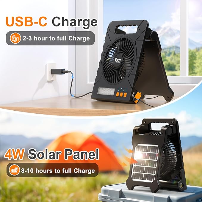Solar Powered Fan for Camping, 4000mAh Portable Table Fan with LED Lantern, Flashlight, Battery Operated, 4 Speeds Powerful Wind and 4 Timers, for Workbench, Picnic, Hurricane, Fishing