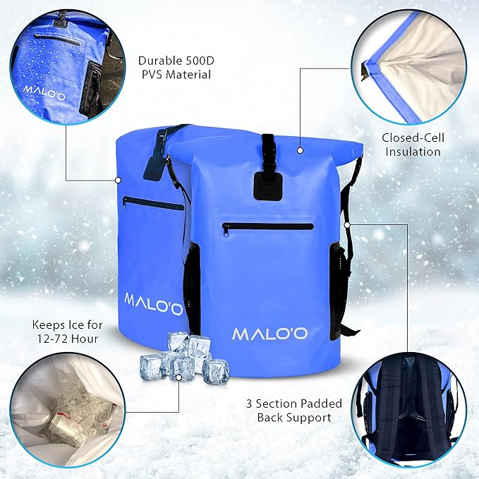 Malo'o Backpack Cooler Bag Holds 24 cans or 18 Bottles and ice - Roll-Top Soft Cooler for Kayaking, Camping, Beach, Fishing, Hiking Daypack & Travel Gear - Closed-Cell Insulation Cooler Backpack
