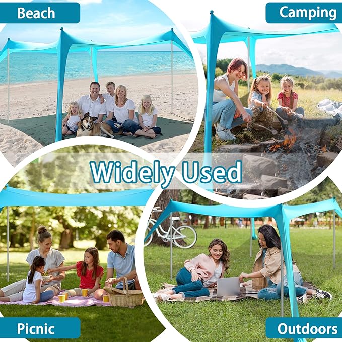 Beach Tent - Beach Shade UPF 50+ UV Protection, 9.8 x 9.8 FT, Anti-Wind with 4 Poles, 4 Windproof Ropes, 1 Portable Bag, Sun Shelter Perfect for Picnics