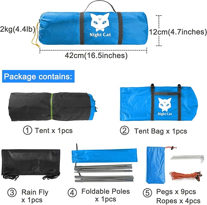 Night Cat Backpacking Tent for One 1 to 2 Persons Lightweight Waterproof Camping Hiking Tent for Adults Kids Scouts Easy Setup Single Layer 2.2x1.2m