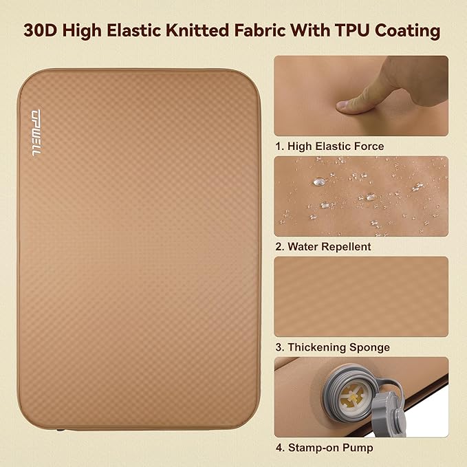 UPWELL Self Inflating Sleeping Pad 4.5" Thickness Camping Mattress with Solid Foam Single Sleeping Mat Portable Fast Inflation for Outdoor Mat Portable Roll Up Bed Brown