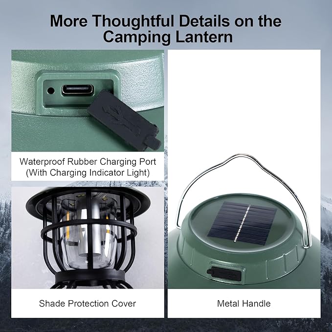 LED Camping Lantern Solar Panel and Type-C Rechargeable Tent Lanterns for Power Outages 5 Fixed Lights Models IPX4 Waterproof Hanging for Fishing Picnics Hiking Patio Garden Travel, Green