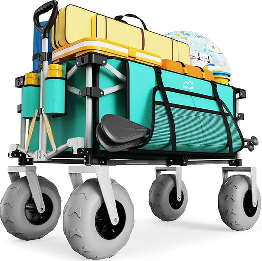 Beach Wagon with Big Wheels for Sand, All Terrain Steel Frame Foldable Beach Cart, 9" Inflatable Tires, 200L Large Capacity, Collapsible Design for Easy Transport, Lightblue