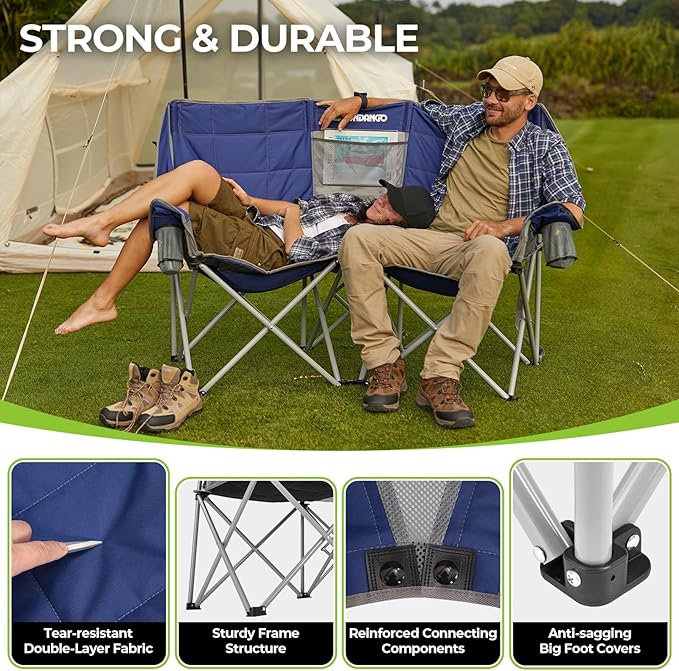 FUNDANGO Oversized Double Camping Chair, 2 Person Folding Padded Loveseat for Adults,660lbs Heavy Duty Chair with Arm Cup Holder for Outdoor Patio Lawn Camp with Carry Bag (Blue)