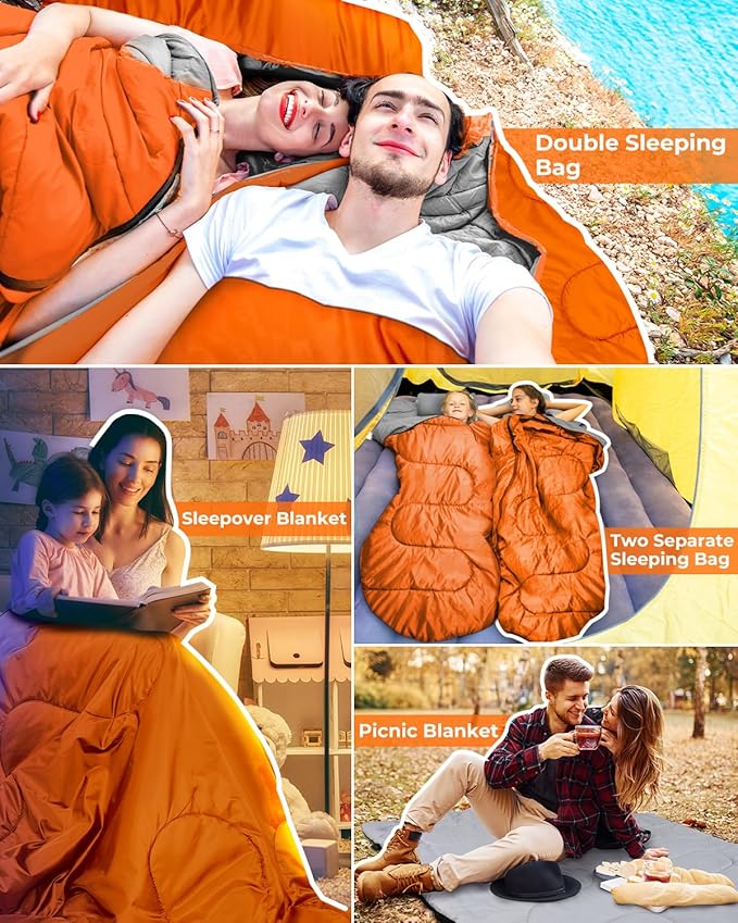 Ohuhu Double Sleeping Bag for Adults with 2 Pillows, Queen Size Two Person Sleeping Bag for Camping Hiking Backpacking 2 Person Sleeping Bags for Cold Weather & Warm