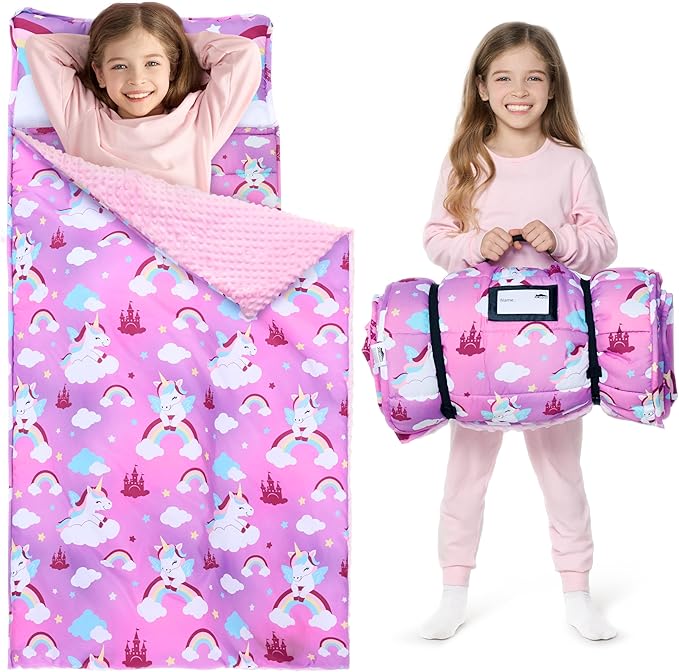 JOIEDOMI Toddler Nap Mat for Preschool 55''x30'' Sleeping Mat with Removable Pillow and Minky Blanket for Kids Ages 3-7 Roll Up Soft Kids Sleeping Bag for Boys Girls Kindergarten Daycare Sleepover