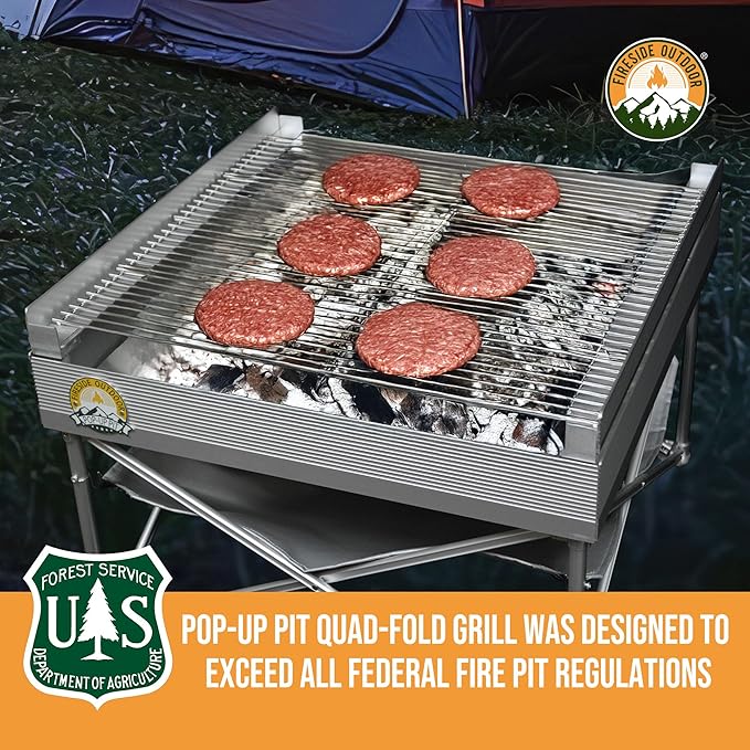 Fireside Outdoor Pop-Up Fire Pit Grilling Grate-Folding Grill Design for Outdoor Cooking, Portable Fire Pit Grill Grates, Camping Cooking, Foldable Campfire Grill Grate- Quad-Fold Folding Grill Grates