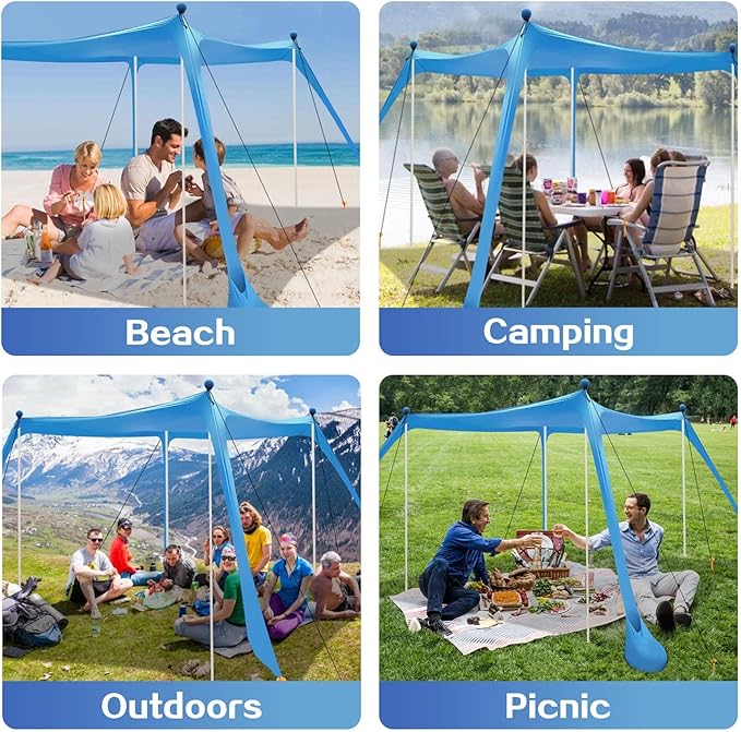 Beach Canopy Beach Tent UPF50+ 11x11 FT Easy to Setup Extra Windproof Rope Sun Shelter Beach Shade Canopy with 4 Stability Poles Outdoor Shade for Beach Camping Family