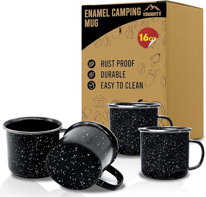 Toughty Enamel Camping Mug – Retro Vintage Campfire Tin Cup, Rustic Backpacking Mug for Hiking, Coffee, Farmhouse, Diner, Hot Drinks, Tinware, and Backpacking Gear – Set of 4 – Black – 16 Oz