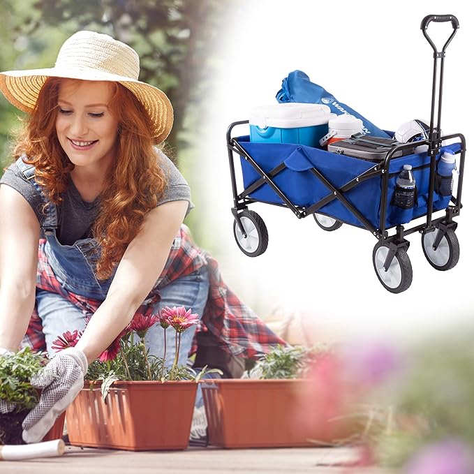 Collapsible Wagon - Grocery Cart on Wheels - Portable Beach Wagon, Folding Garden Cart or Shopping Cart - Wagons Carts Foldable by Pure Garden (Blue)