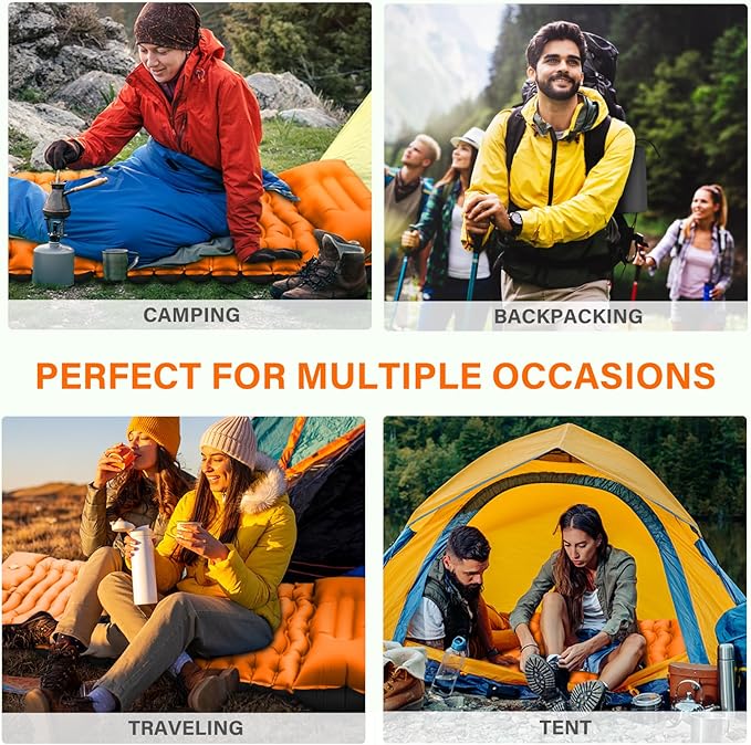 Camping Sleeping Pad, Ultralight Camping Mat with Pillow Built-in Foot Pump Inflatable Sleeping Pads Compact for Camping Backpacking Hiking Traveling - Orange