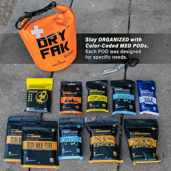 EVERLIT 290 Pc Waterproof First Aid Kit Dry FAK Medical Kit Emergency Survival Kit for Boat, Backpacking, Hiking, Fishing, Travel, Kayaking (Orange) (OD Green)