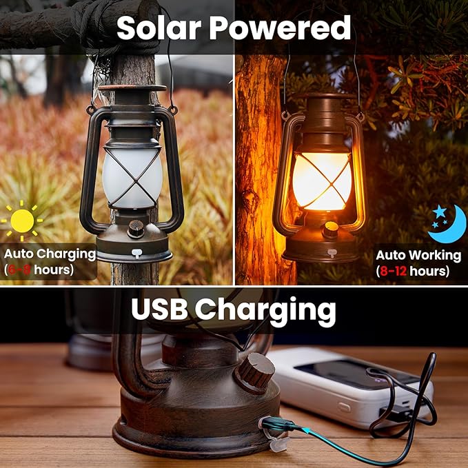 KOOPER Solar Lantern Outdoor Lights, Vintage Flickering Flame Solar Lanterns Lights Outdoor Waterproof, Hanging Outdoor Solar Lanterns Lights, Rechargeable Lantern for Yard Garden Table Decor 2 Pack