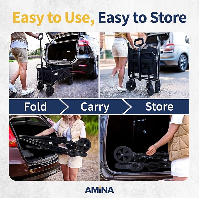 AMiNA Wagons Carts Foldable - Collapsible Wagon Lightweight, Water-Resistant Carts with Wheels, Folding Wagon 200 lbs Weight Capacity for Sports, Camping, Beach Cart, Utility Cart - Black