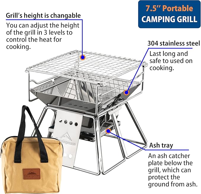CAMPINGMOON Small Size Stainless Steel Portable Tabletop Charcoal Grill with Carry Bag X-MINI
