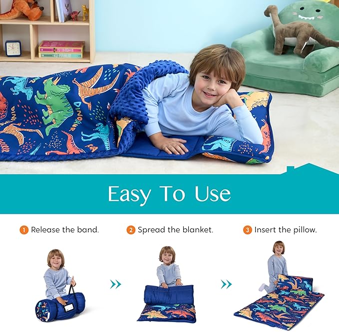 JOIEDOMI Toddler Nap Mat for Preschool 55''x30'' Sleeping Mat with Removable Pillow and Minky Blanket for Kids Ages 3-7 Roll Up Soft Kids Sleeping Bag for Boys Girls Kindergarten Daycare Sleepover