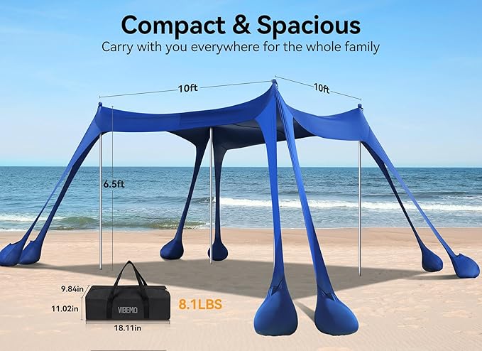 Beach Tent, Beach Canopy Sun Shade with UPF50+ UV Protection, 10x10ft, Includes 8 Sandbags, Sand Shovel, Ground Pegs & 4 Stability Poles, Pop Up Sun Shelter for Camping, Picnics, Backyard Fun