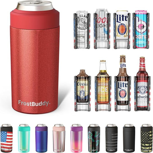 Frost Buddy Universal Buddy Can Cooler - Fits All - For Regular 12 & 16 oz or Slim-Size Bottles - Insulated Double-Walled Stainless Steel (Glitz)
