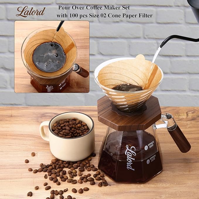 Pour Over Coffee Maker, 20 oz Borosilicate Glass Set with 100 pcs V60 Paper Filter, Walnut Collar & Glass Lid, Drip Coffee Maker, 1-3 Cups, Clear (B-600 ml Set)