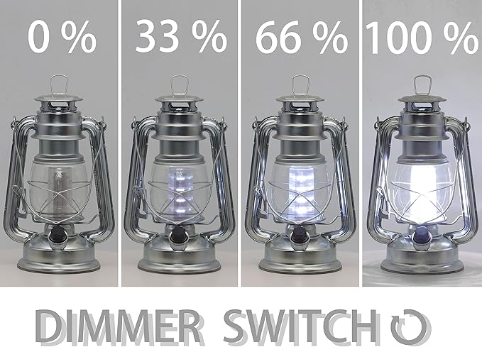 YAKii LED Vintage Metal Hanging Hurricane Lantern - 12 LED Dimmer Switch, Cold White Battery Operated Lantern for Power Outage, Indoor Camping, Outdoor Decoration (Silver)