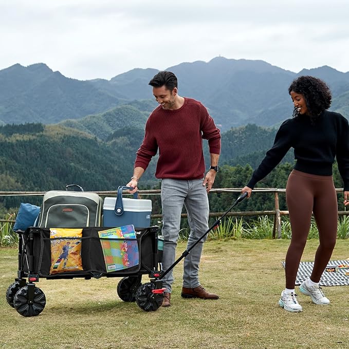 PORTAL Collapsible Wagon with Brakes, Heavy Duty Utility Cart with All-Terrain Wheels, Portable Folding Wagons for Camping, Beach, Garden, Shopping, and Groceries
