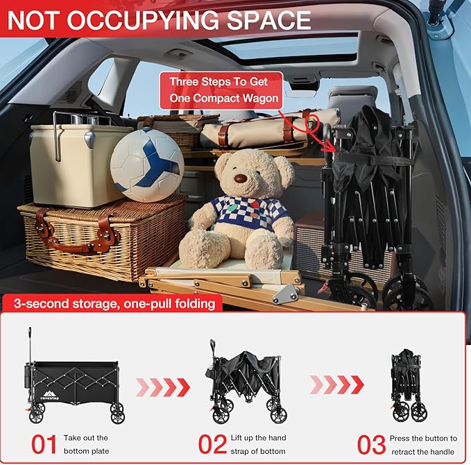 Collapsible Wagon Cart Heavy Duty Utility Carts with All Terrain Wheels for Garden, Grocery, Camping, Sports, Shopping, and Outdoor Use - 360lbs Capacity, Foldable, Portable, 145L Large Wagon