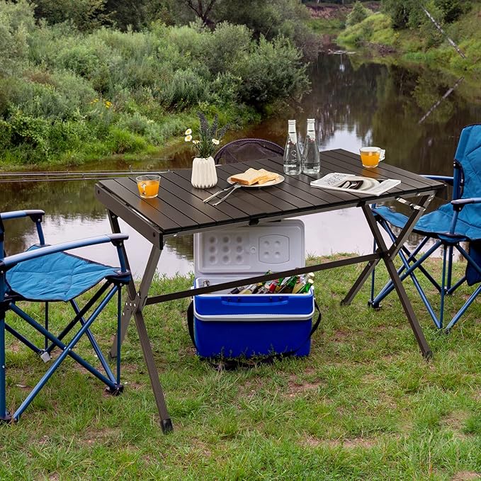 COSTWAY Portable Picnic Table, 28’’ x 43’’ Roll-Up Aluminum Beach Table with Carry Bag for 4-6 Person, Folding Camping Table with Sturdy X-Shaped Frame (Brown)