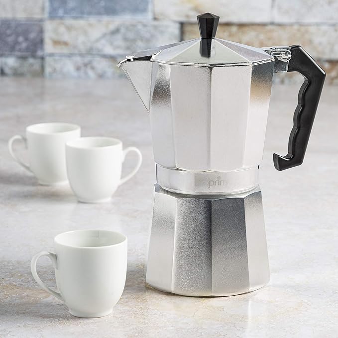 Primula Classic Stovetop Espresso and Coffee Maker, Moka Pot for Italian and Cuban Café Brewing, Greca Coffee Maker, Cafeteras, 9 Espresso Cups, Silver