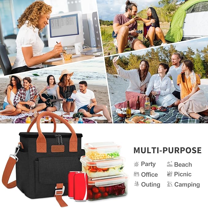Joymee Insulated Lunch Bag for Women/Men, Waterproof Lunch Box for Office Work Picnic Beach, Reusable Large Leakproof Cooler Tote Bag with Adjustable Shoulder Strap & Side Pocket, Black