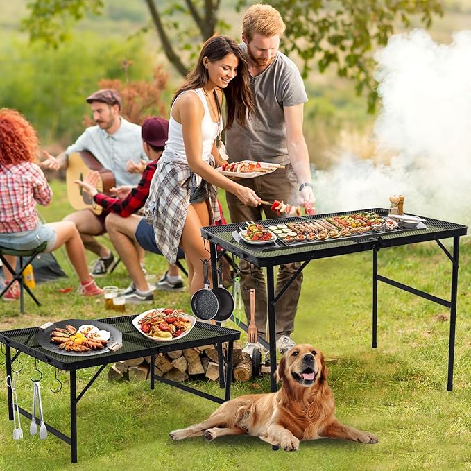 Outdoor Picnic Camping Table, Folding Grill Metal Table 3 Ft - Portable, Lightweight, Compact & Height Adjustable Collapsible Patio BBQ Table with Trash Bag Holder