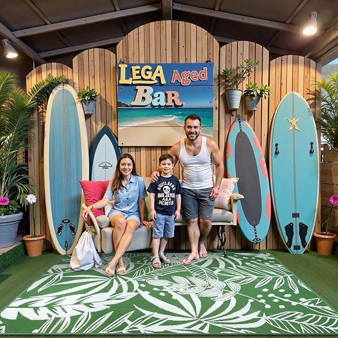 Anidaroel Leaf Outdoor Rugs 6x9ft for Patios Clearance Waterproof, Reversible Tropical Plastic Straw Camping Mat Outside Rug, Large Outdoor Area Rug for RV, Deck, Balcony, Picnic(Green,6'x9')