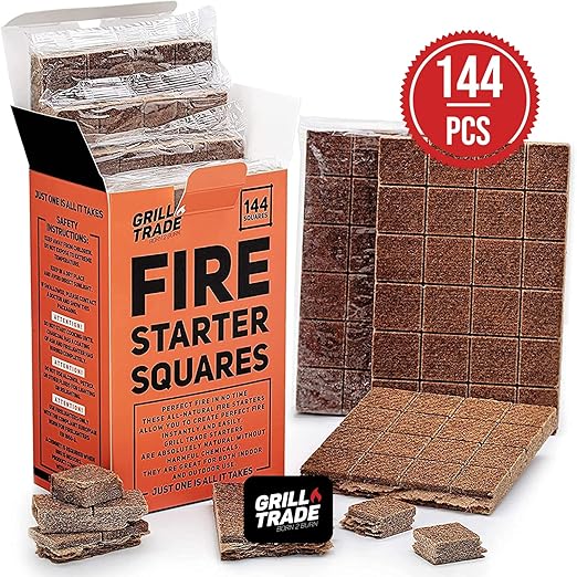 Grill Trade Fire Starter Squares 144, Easy Burn Your BBQ Grill, Camping Fire, Wood Stove, Smoker Pellets, Lump Charcoal - Fireplace Cubes - Ideal Barbeque Accessories