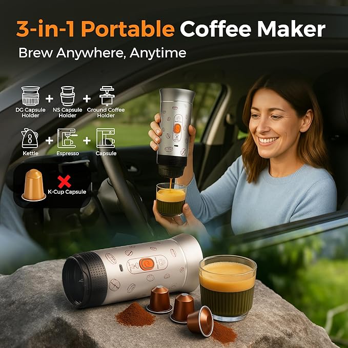 Portable Espresso Machine, 3-in-1 Travel Coffee Maker with Self-Heating, Battery Operated 20Bar Wireless Portable Espresso Maker Compatible with Ground Coffee & Capsule for Camping, Car, Office