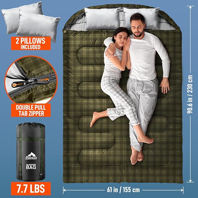MEREZA Double Sleeping Bag for Adults Mens with Pillow, XL Queen Size Two Person Sleeping Bag for All Season Camping Hiking Backpacking 2 Person Sleeping Bags for Cold Weather & Warm