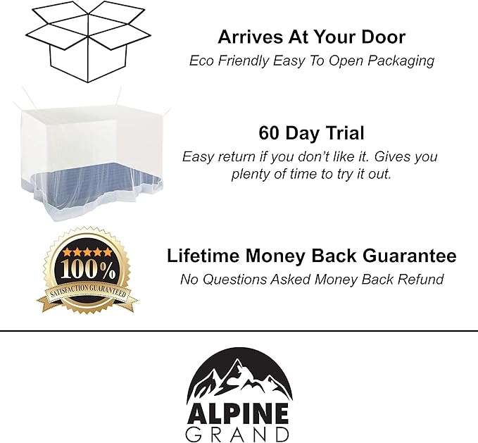Premium Mosquito Net for Double Bed, crib, hammock or camping by Alpine Grand, Full hanging kit with extra-long strings and 8 hooks, Free Carry Bag