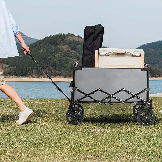 Navatiee 140L Wagon Cart Foldable, Large Capacity Collapsible Wagon with Smallest Folding Design, Utility Grocery Wagon for Camping Shopping Sports, Gray