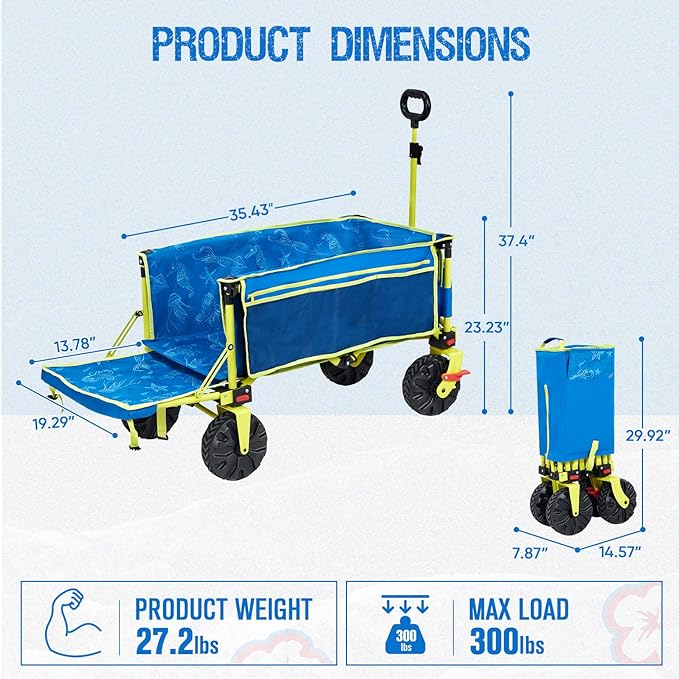 300lbs Extra Long 49" L Beach Wagon with Big Wheels with Brake for Sand, Collapsible Utility Beach Cart Heavy Duty Folding Wagon,Ideal for Outdoor Sand Camping Garden Pet
