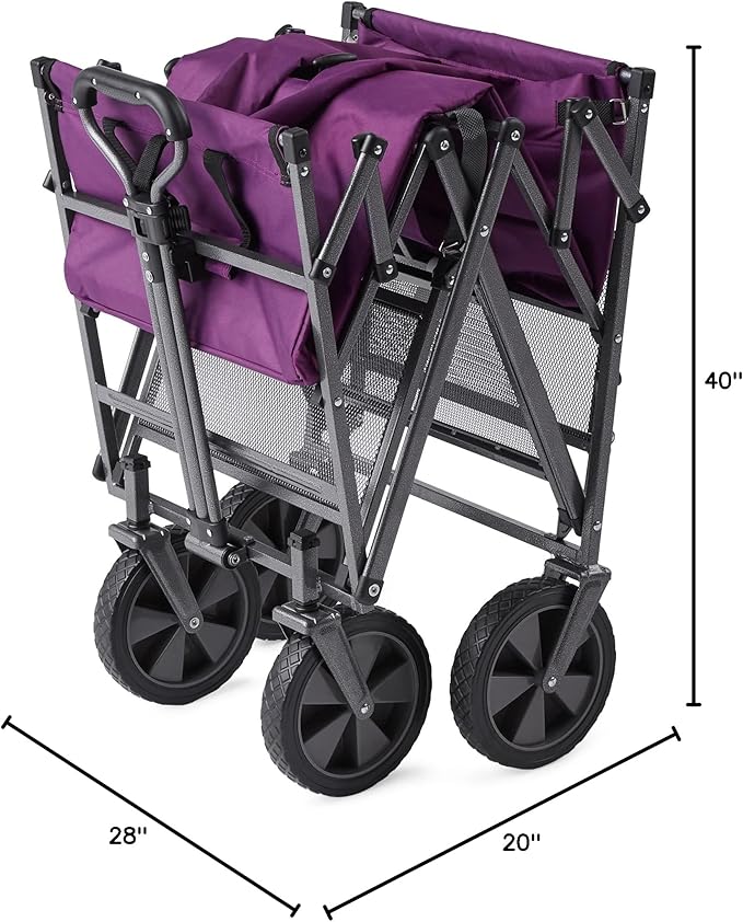 MacSports Double Decker Heavy Duty Steel Frame Collapsible Outdoor Utility Garden Cart Wagon with Lower Storage Shelf and 150 Pound Capacity, Purple