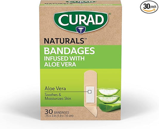 CURAD Naturals Aloe Vera & Vitamin E Bandages 0.75" x 3", Individually Wrapped Sterile Bandage, First Aid Kit Essential, Protects Scrapes and Cuts, Absorbent and Self-Adhesive, 30-Count Box