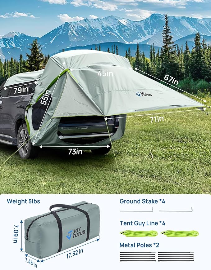 JOYTUTUS SUV Tailgate Tent with Three Sides Awning and Poles, Water Resistant SUV Camping Tent with Car Roof Cover, Outdoor Travel Preferred, Universal Fit Most Car, Grey Green