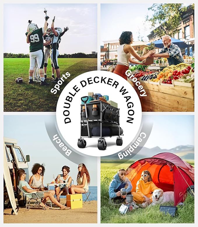 Collapsible Wagon Double Decker,Wagons Carts Foldable,Heavy Duty Wagon Camping Sports Garden Grocery,Utility Wagon for All Terrain Black