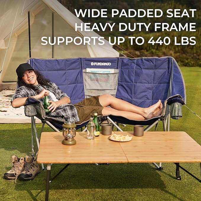 FUNDANGO Oversized Double Camping Chair, 2 Person Folding Padded Loveseat for Adults,660lbs Heavy Duty Chair with Arm Cup Holder for Outdoor Patio Lawn Camp with Carry Bag (Blue)