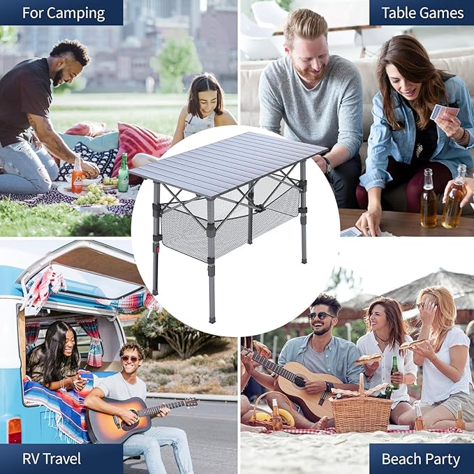 Portable Camping Table with Adjustable Height Legs, Lightweight Aluminum Roll-up beach tables for sand foldable,Folding Picnic Table Large Storage Basket for Outdoor camping (Black, Medium 37")