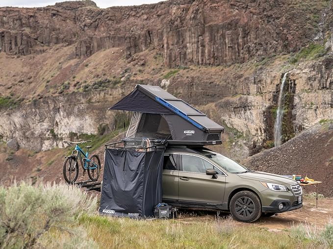 Kakadu Outback Shower Vehicle Tent, Camping Privacy Shelter, Bathroom Tent for Cars – with Roof, LED Light, BlockOut® Technology, Towel Rod, Storage System