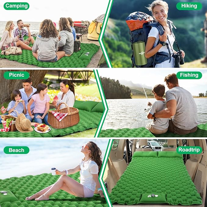 WANNTS Double Sleeping Pad, Ultralight Inflatable Sleeping Pad for Camping, Built-in Pump, Ultimate for Hiking - Airpad, Carry Bag, Repair Kit - Compact & Lightweight Camping pad(Green)