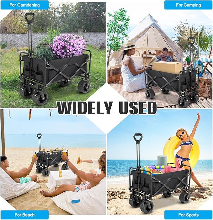 Beach Wagon,Collapsible Foldable Wagon Cart with Big Wheels,Utility Folding Grocery Lounge All Terrain Wagon with Side Pocket and Brakes for Sand Camping Sports Outdoor(Black).