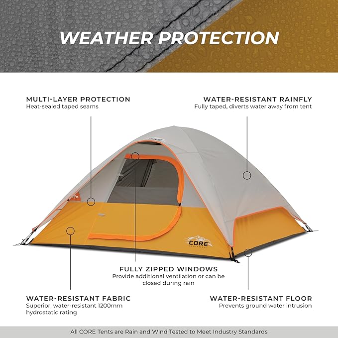 CORE Tent for Family Camping, Hiking and Backpacking | 3 Person / 4 Person / 6 Person / 9 Person Person Dome Camp Tents with Included Tent Gear Loft for Outdoor Accessories