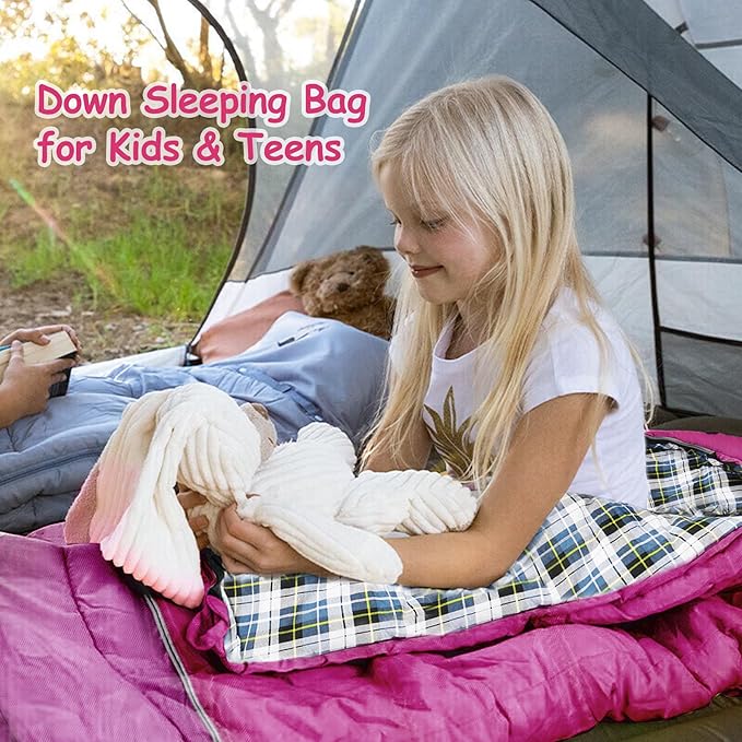 REDCAMP Kids Mummy Sleeping Bag for Camping, 3 Season Cold Weather Sleeping Bag Fit Boys,Girls & Teens, Blue/Rose Red