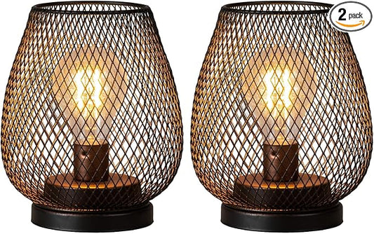 DECORKEY Set of 2 Battery Operated Lamp LED Table Lantern, Brown Metal Cage Cordless Lamps with LED Bulb,Vintage Decorative Outdoor Lantern for Weddings, Parties, Patio, Events for Indoors Shelf Decor